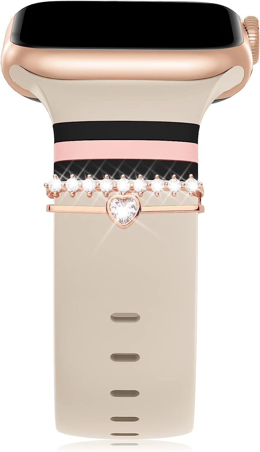 Designer Bands with Charms Decor Compatible with Apple Watch Band 38Mm 40Mm 41Mm 42Mm 44Mm 45Mm 49Mm for Women, Stylish Soft Silicone Sport Strap for Apple Watch Ultra Iwatch Series 8 SE 7 6 5 4 3 2 1  Seizehe Walnut/Black/Pink & One-line Drill Heart 38mm/40mm/41mm 