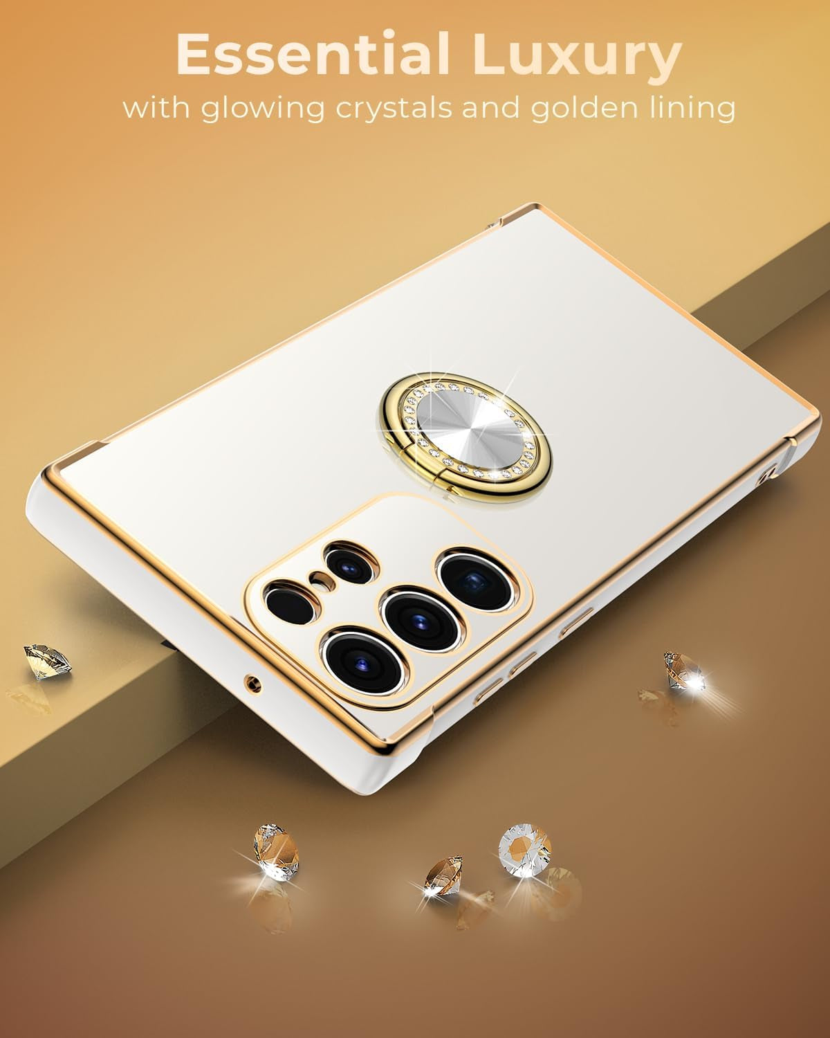 Miss Arts for Samsung Galaxy S22 Ultra Case, Ring Holder Stand Luxury Bling Electroplated Phone Case with Strap, Cute Soft TPU for Samsung S22 Ultra Cover for Women Girls, White  Miss Arts inc   