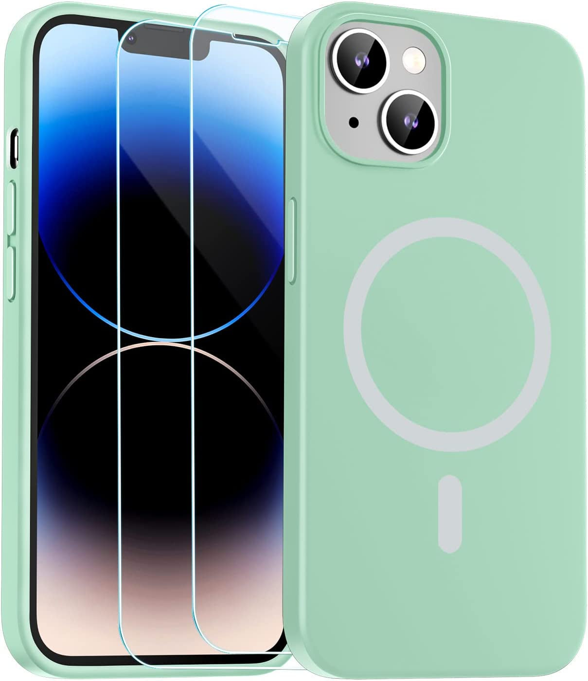 Zapica Liquid Silicone Magnetic for Iphone 14 Case, [Compatible with Magsafe] [With 2 Pack Glass Screen Protector] Anti-Scratch, Shockproof, Slim Soft Phone Case for Iphone 14, 6.1 Inch (Black)  zapica Mint Green  