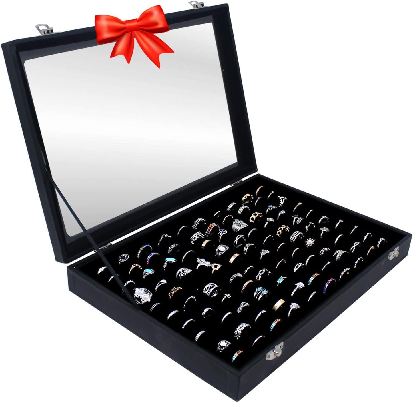 Ring Organizer Box with Transparent Lid ~ Ring Holder Showcase for Store Display, Jewelry Show & Home ~ Jewelry Tray Organizer for Rings, Studs & Earrings (Black)  Hivory   