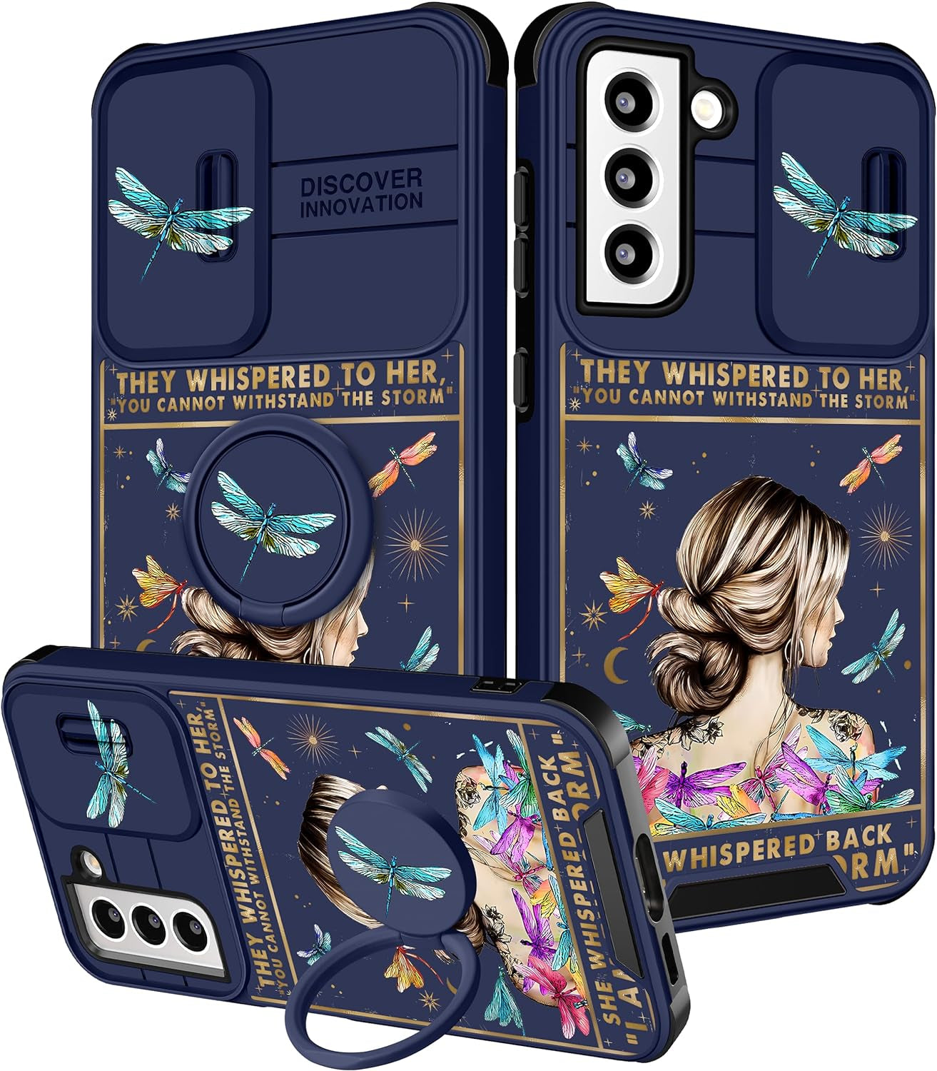 Funermei (2In1 for Samsung Galaxy S21 Case for Women Butterfly Cute Girls Phone Cover Girly Pretty Aesthetic Kawaii Black Butterfly Design with Camera Cover + Ring Stand Funda for Galaxy S21 5G Case  Funermei 2-For S21-Girl Back  