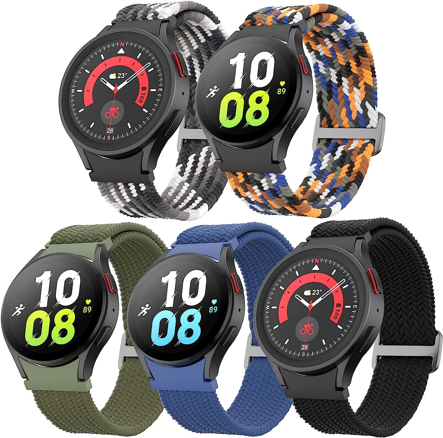 5 Pack No Gap Bands Compatible with Samsung Galaxy Watch 5 40Mm 44Mm/ Watch 5 Pro 45Mm/ Galaxy Watch 4 40Mm 44Mm/ Galaxy Watch 4 Classic 42Mm 46Mm, 20Mm Elastic Nylon Sport Band for Women Men  BeautyFurlife Z-Black/Blue/ColorO/ArmyG/BW  