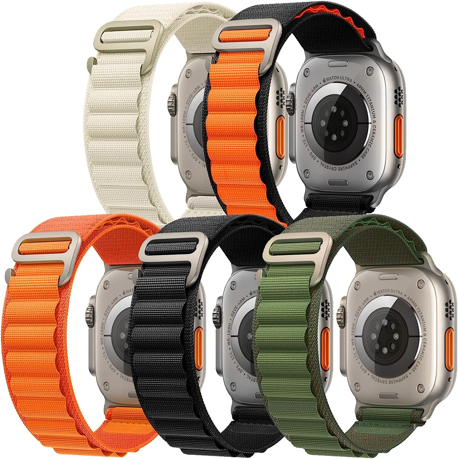 5 Pack Alpine Loop Bands Compatible with Apple Watch Ultra Band 49Mm 45Mm 44Mm 42Mm Women Men, Rugged Woven Nylon Sport Band with G-Hook for Apple Watch Ultra Iwatch Series 8 7 SE 6 5 4 3 2 1  Aupcdbe Orange/Black/Green/Starlight/Black Orange 49mm/45mm/44mm/42mm 