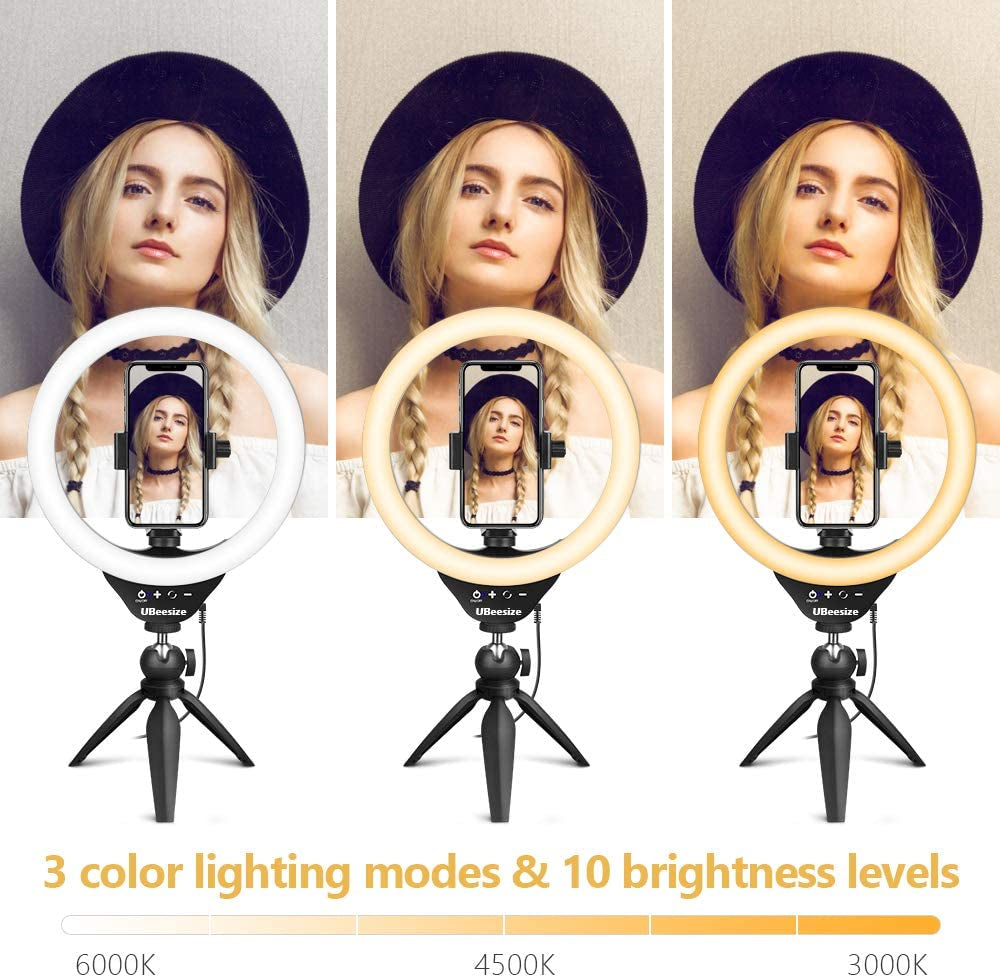 Ubeesize 10" Selfie Ring Light with Tripod Stand & Cell Phone Holder, Dimmable Desktop LED Circle Light for Live Streaming/Makeup/Youtube/Tik Tok, Compatible with Ios and Android Phones  UBeesize   