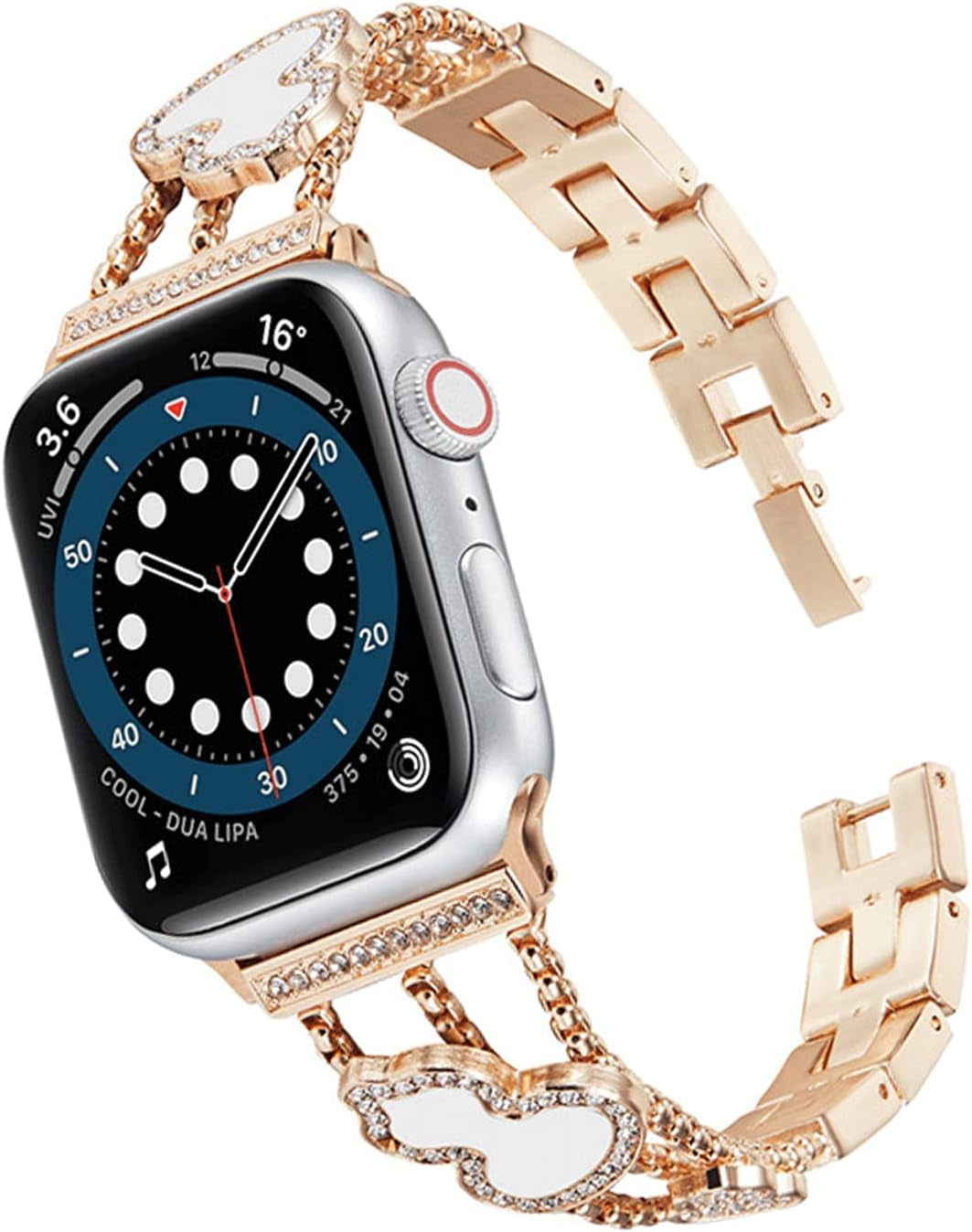 Hi-Yoohere Elegent Stylish Bands Compatible with Apple Watch 38Mm 40Mm 41Mm Chic Butterfly Diamond Rhinestone Metal Wristband Strap for Girls Women Iwatch SE & Series 7/6/5/4/3/2/1  HYHMXB White Gourd+ Rose Gold Band 42/44/45mm 