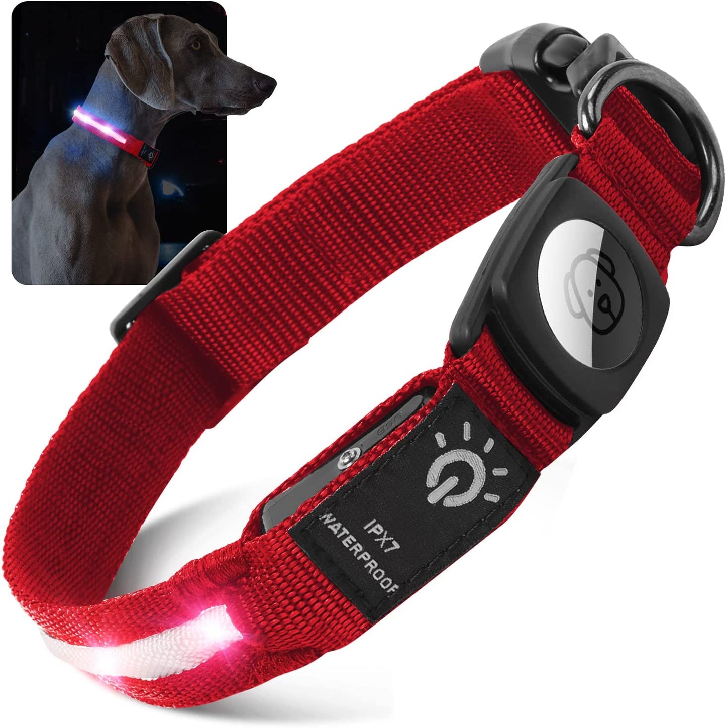 LED Air Tag Dog Collar - Light up Dog Collar[Ipx7 Waterproof] with Apple Air Tag Holder Case, Durable Rechargeable Lighted Air Tag Dog Collar Accessories for Puppy Dogs(S, Black)  typecase Red Medium(14-18'') 