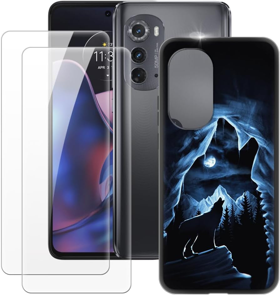 MILEGAO Motorola Edge 2022 Case + 2PCS Screen Protector Tempered Glass, Ultra Thin Bumper Shockproof Soft TPU Silicone Cover for Motorola Edge Gen.3 (6.6”) Rose  MILEGAO Wolf 2  