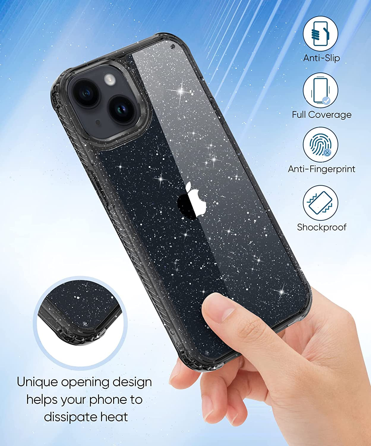 MIODIK Compatible with Iphone 14 Case with Screen Protector + Camera Lens Protector, Non Yellowing Clear Glitter Protective Phone Case, Women Girls Cover for Iphone 14 6.1 Inch 2022 - Sparkle Black  MIODIK   