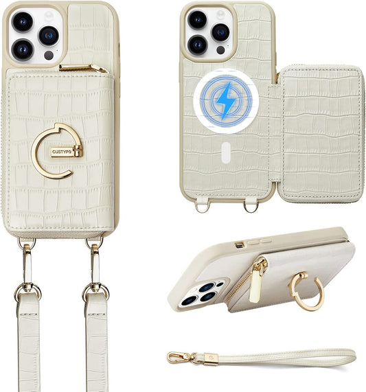 CUSTYPE for Iphone 14 Pro Max Magsafe Case Wallet with Strap Wrist for Women, Crossbody Zipper Case with Card Holder, [Compatible with Wireless Charging] Protective Case Purse with Ring 6.7Inch, Beige  C CUSTYPE   