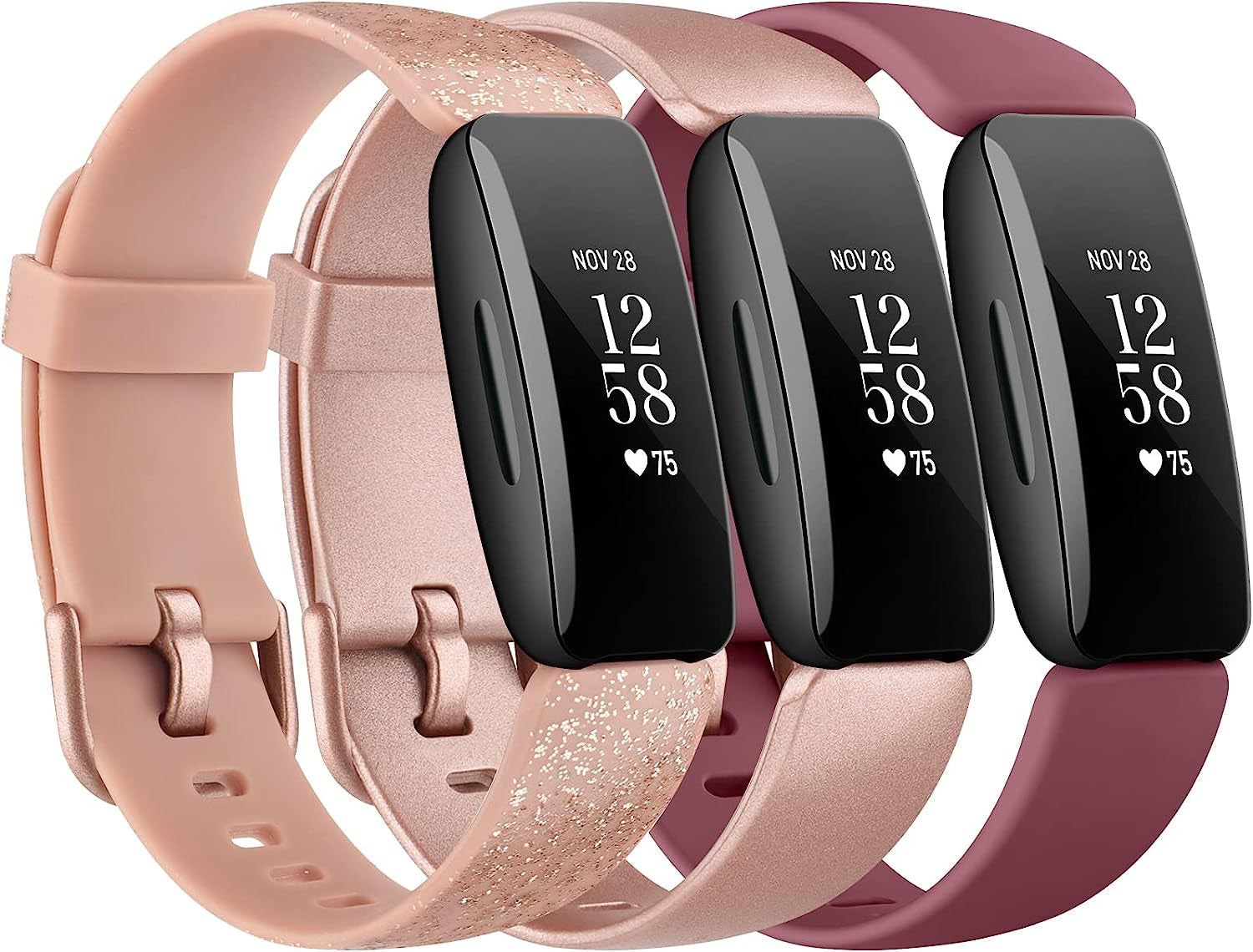 3 Pack Silicone Bands Compatible with Fitbit Inspire 2 Bands for Women Men, Adjustable Replacement Sport Wristbands Straps for Fitbit Inspire 2 / Ace 3 (Black/Gray/White)  Mugust Shine Rose Gold/Rose Gold/Wine Red  