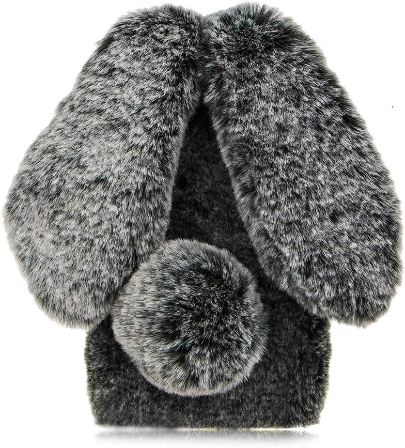 Shinyzone Plush Rabbit Case Compatible with Google Pixel 6 Pro,Fluffy Fuzzy Cute 3D Bunny Ears Soft Warm Case Faux Fur Shockproof TPU Back Cover with Bling Diamond Chic Bowknot,Dark Grey  Shinyzone Dark Grey Google Pixel 6A 