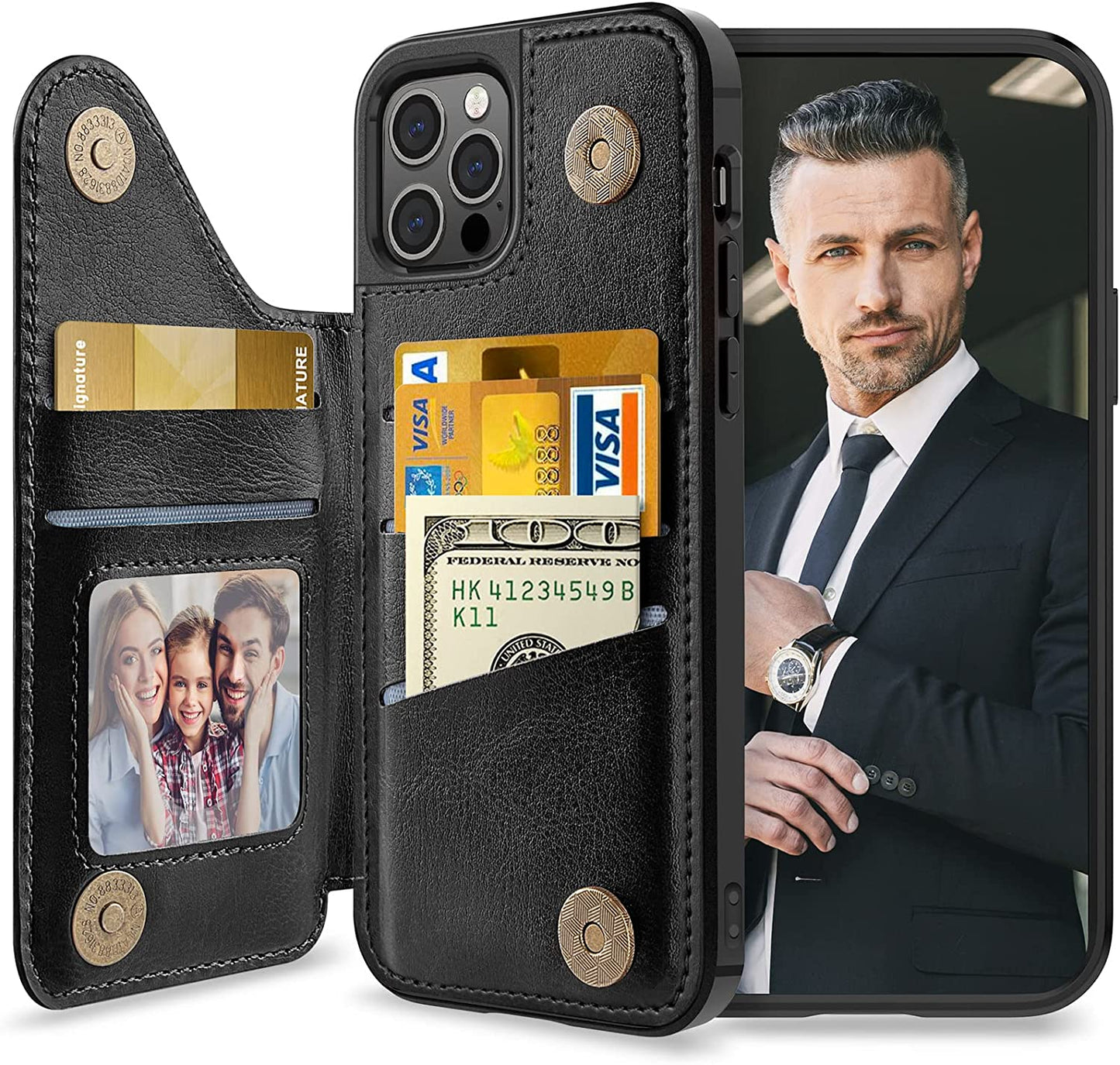 LOHASIC for Iphone 12 Pro Max Wallet Case, Compatible with Mag-Safe, 6 Card Holder Phone Cover Men Women, Magnetic Wireless Charging, Detachable Back Leather Credit Slot, 6.7 Inch - Brown  LOHASIC Protection-Black 12 Pro Max (6.7-inch) 