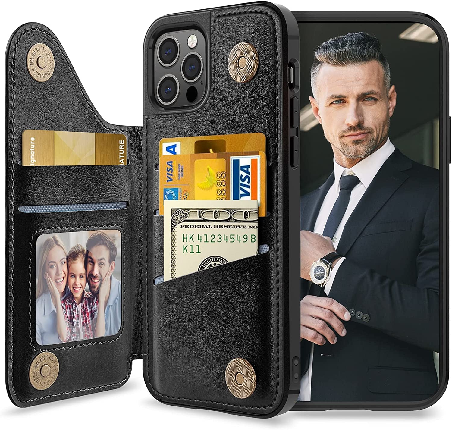 LOHASIC for Iphone 12 Pro Max Wallet Case, Compatible with Mag-Safe, 6 Card Holder Phone Cover Men Women, Magnetic Wireless Charging, Detachable Back Leather Credit Slot, 6.7 Inch - Brown  LOHASIC Protection-Black 12 Pro Max (6.7-inch) 