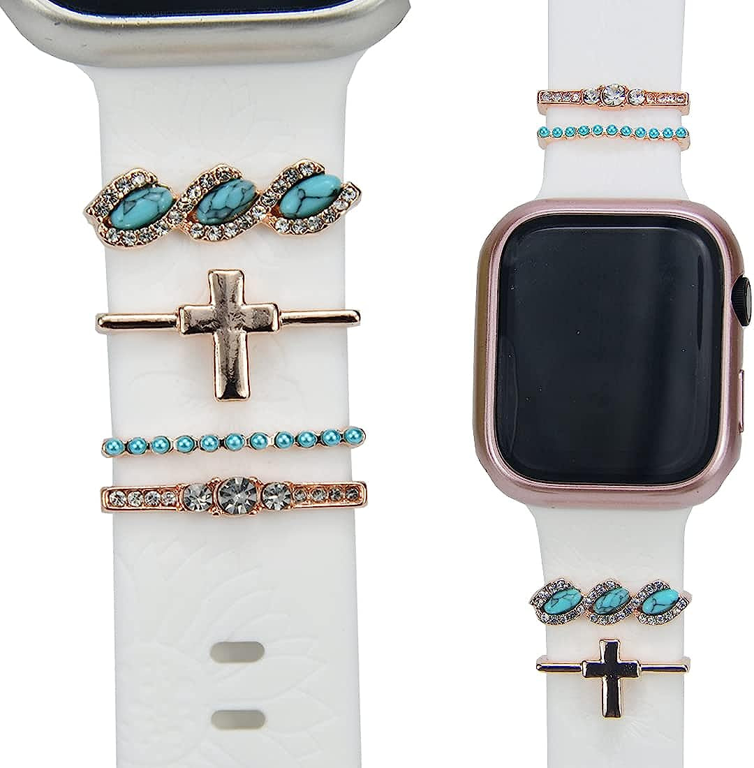Watch Band Charms - Decorative Rings Loops Compatible with Apple Watch Silicone Leather Bands Charms 49Mm 45Mm 44Mm 42Mm 41Mm 40Mm 38Mm,Metal Diamond Charms Slide Strap Accessories Charms for Iwatch Series 9 8 7 6 5 4 3 2 1 Samsung Galaxy , Fitbit  SUNOREEK rose gold green turquoise  
