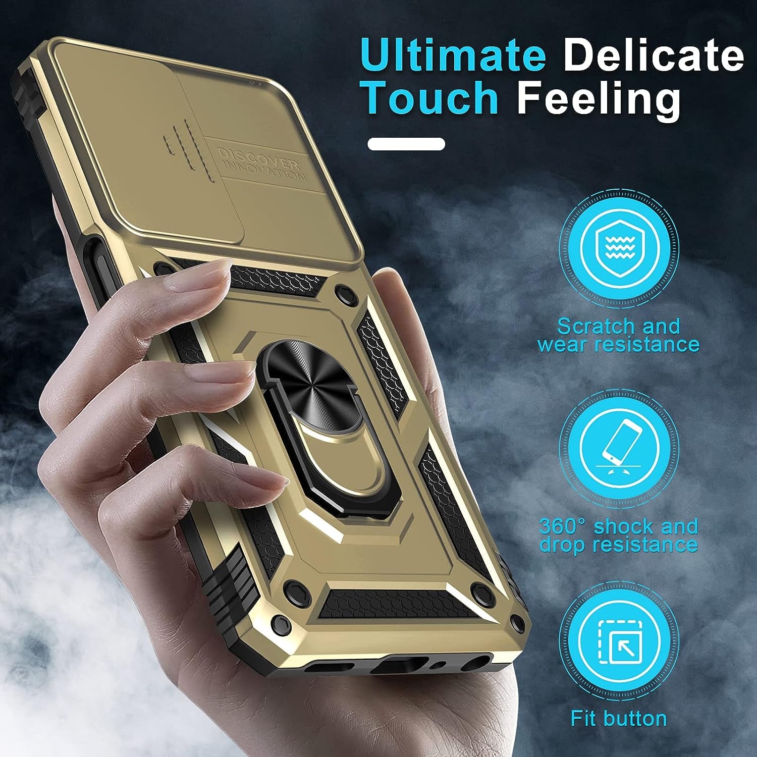 Janmitta Oneplus Nord N300 5G Case Built in Slide Camera Lens Cover and Screen Protector,Heavy Duty Shockproof Full Body Protective Phone Cover,Built in Finger Ring Stable Holder Kickstand,2022 Gold  Janmitta   