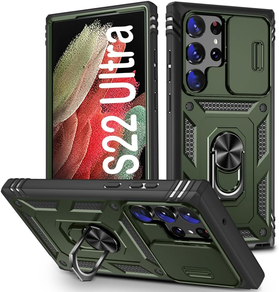 PASNEW for Samsung Galaxy S21 Ultra Case,Finger Ring Kickstand & Camera Cover Slide & Charge Port Dust Plug,Military Heavy Duty Full Body Shockproof Protective Hard Shell S21Ultra,6.8 Inch,Pink  PASNEW Army Green Samsung Galaxy S22Ultra【6.8"】 