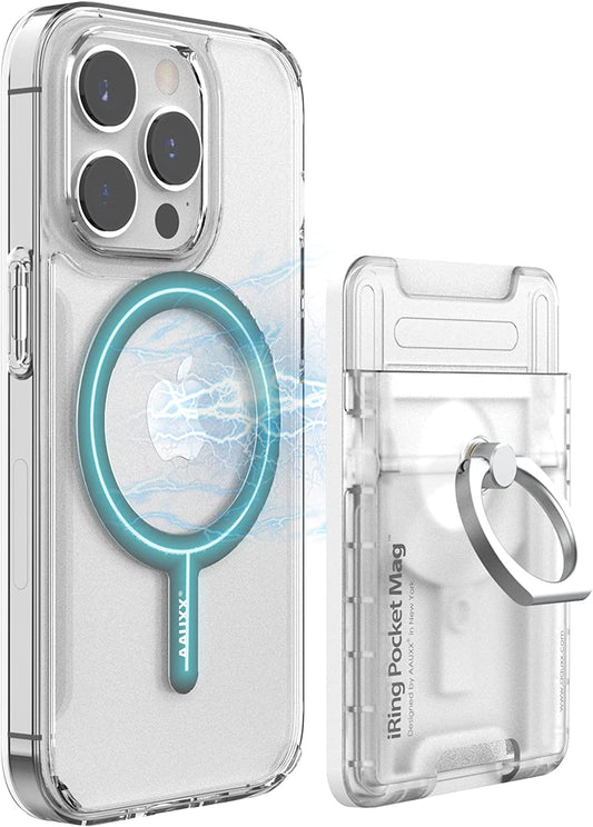 Iring Pocket Mag, Wallet Type Magnetic Phone Ring Grip & Kickstand, 2 Cards Holder, Compatible with Iphone, Magsafe & Wireless Chargers, Made in Korea (Clear)  AAUXX   