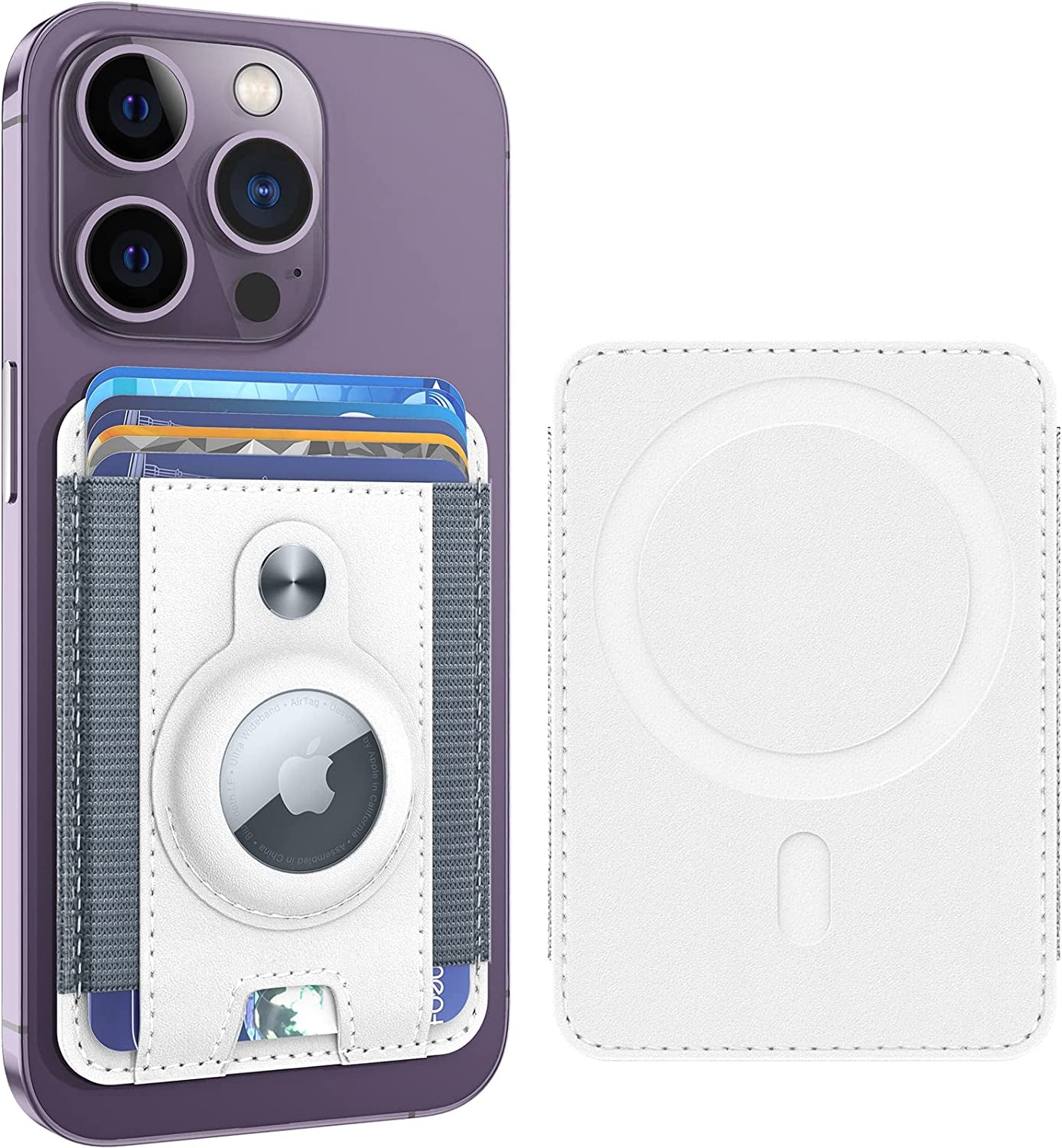 Magnetic Wallet Card Holder with Airtag Holder, Mag Safe Card Holder Airtag Wallet for Iphone 14 Pro Max/14Pro/14/13/12, Airtag Mag-Safe Wallet Leather for Back of Iphone 14/13/12 Series, Midnight  RUWGT B-White  