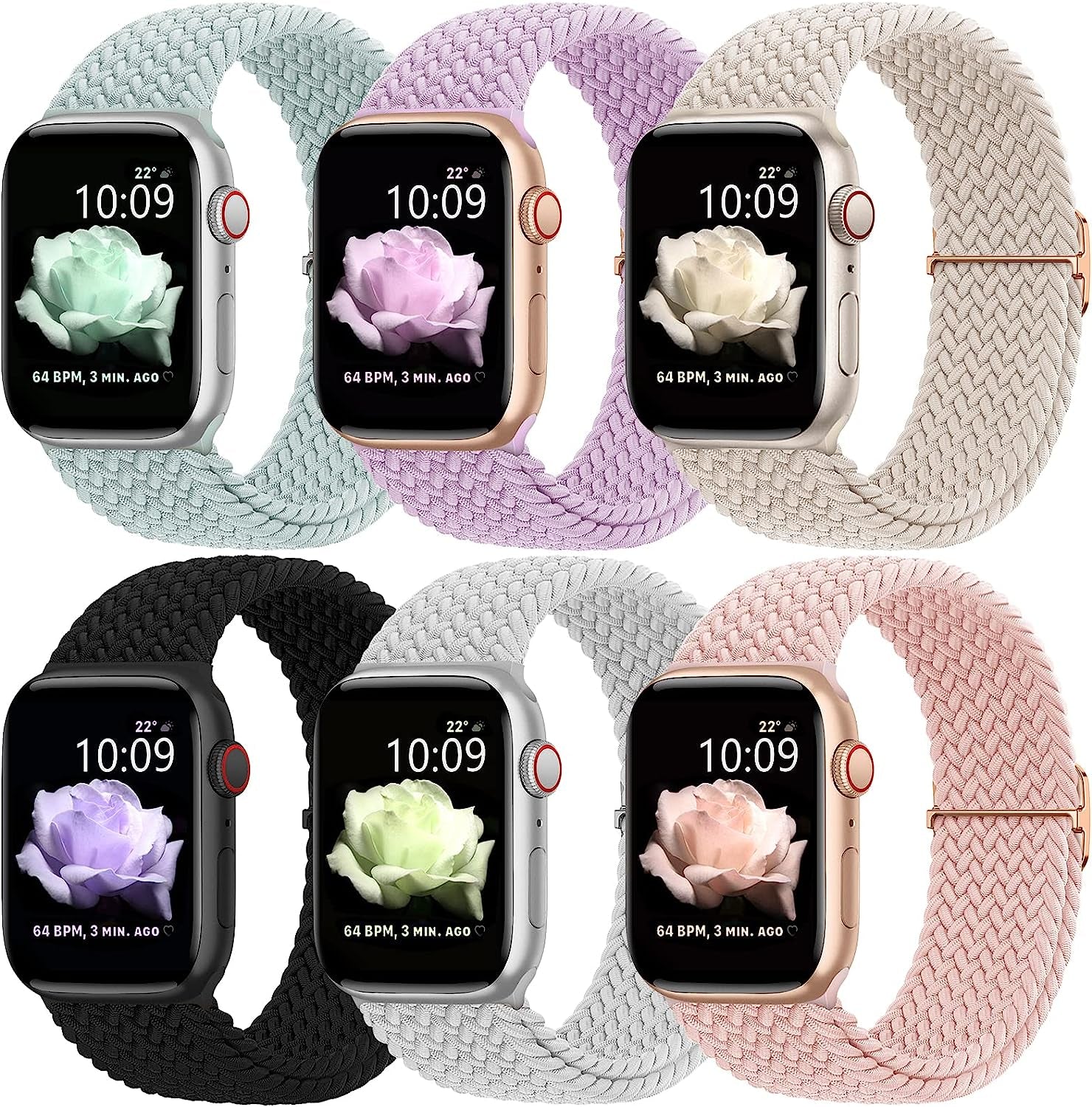 WANLISS Braided Bands Compatible with Apple Watch Band 38Mm 40Mm 41Mm 42Mm 44Mm 45Mm 49Mm for Women Men,Solo Loop Elastic Stretchy Straps Wristbands for Iwatch Series SE 8 7 6 5 4 3 2 Ultra,6Packs  WANLISS D,Gray/Black/Pink/Succulent/Lavender/Starlight 38MM/40MM/41MM 