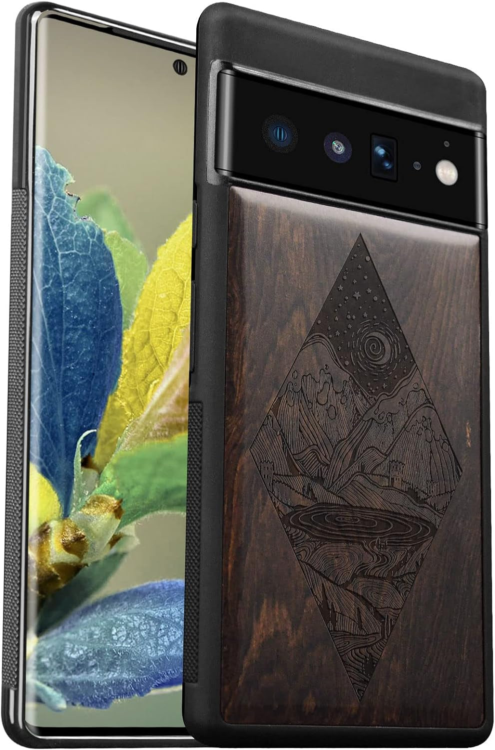Carveit Wood Case for Pixel 6A Case 2022 [Natural Wood & Black Soft TPU] Shockproof Protective Cover Unique & Classy Wooden Case Compatible with Google Pixel 6A Case (Starry Night-Rosewood)  Carveit Blackwood-Pixel 6 Pro Pixel 6 Pro (6.7 Inch) 