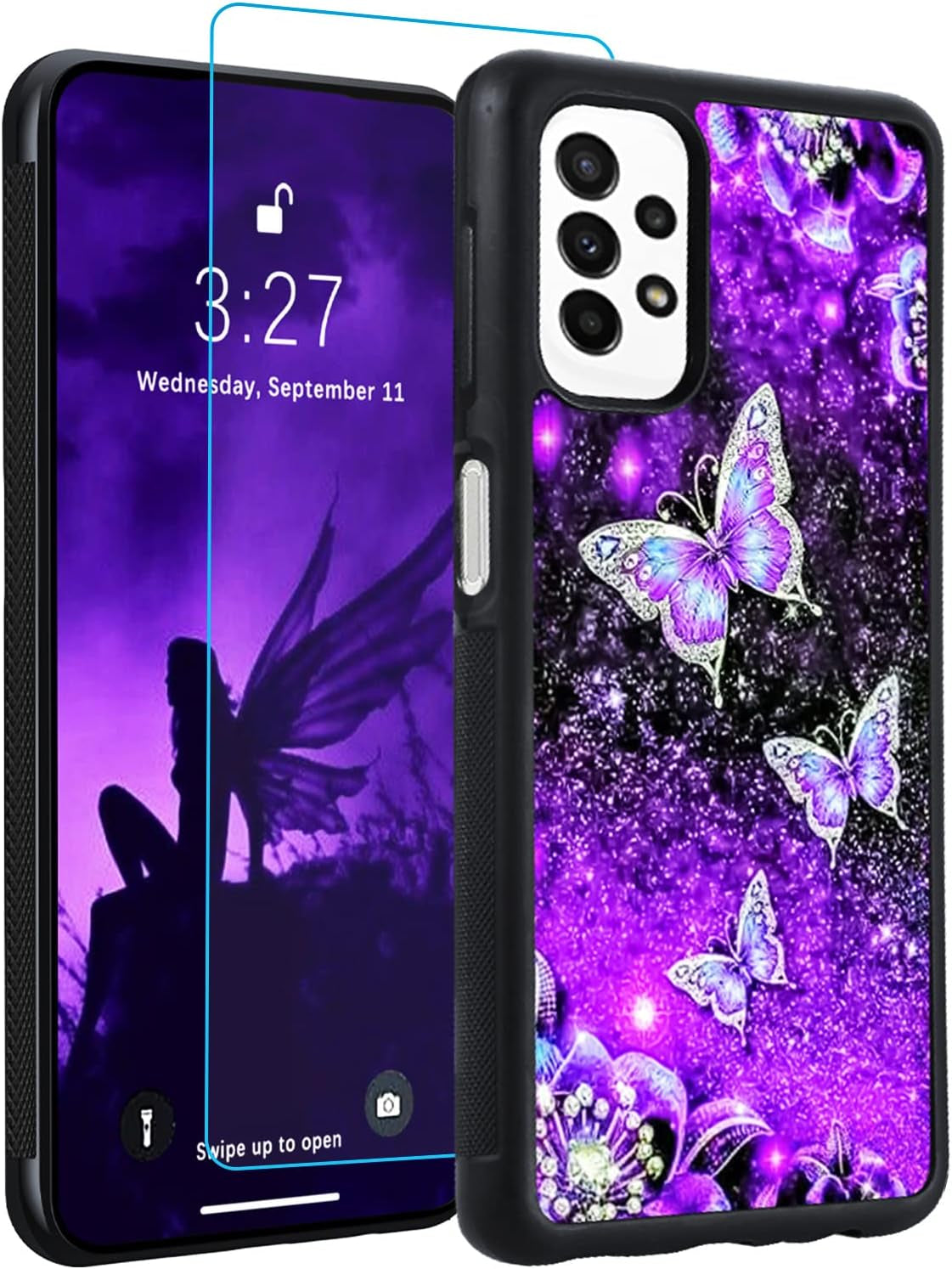 OOK Designs for Samsung Galaxy A53 Case Glitter Purple Butterfly Nebula Space Design Hard Pc+Soft TPU Bumper Anti-Slip Ultra Thin Cover Protective Shockproof Case for Galaxy A53  OOK A23 Case 5G  