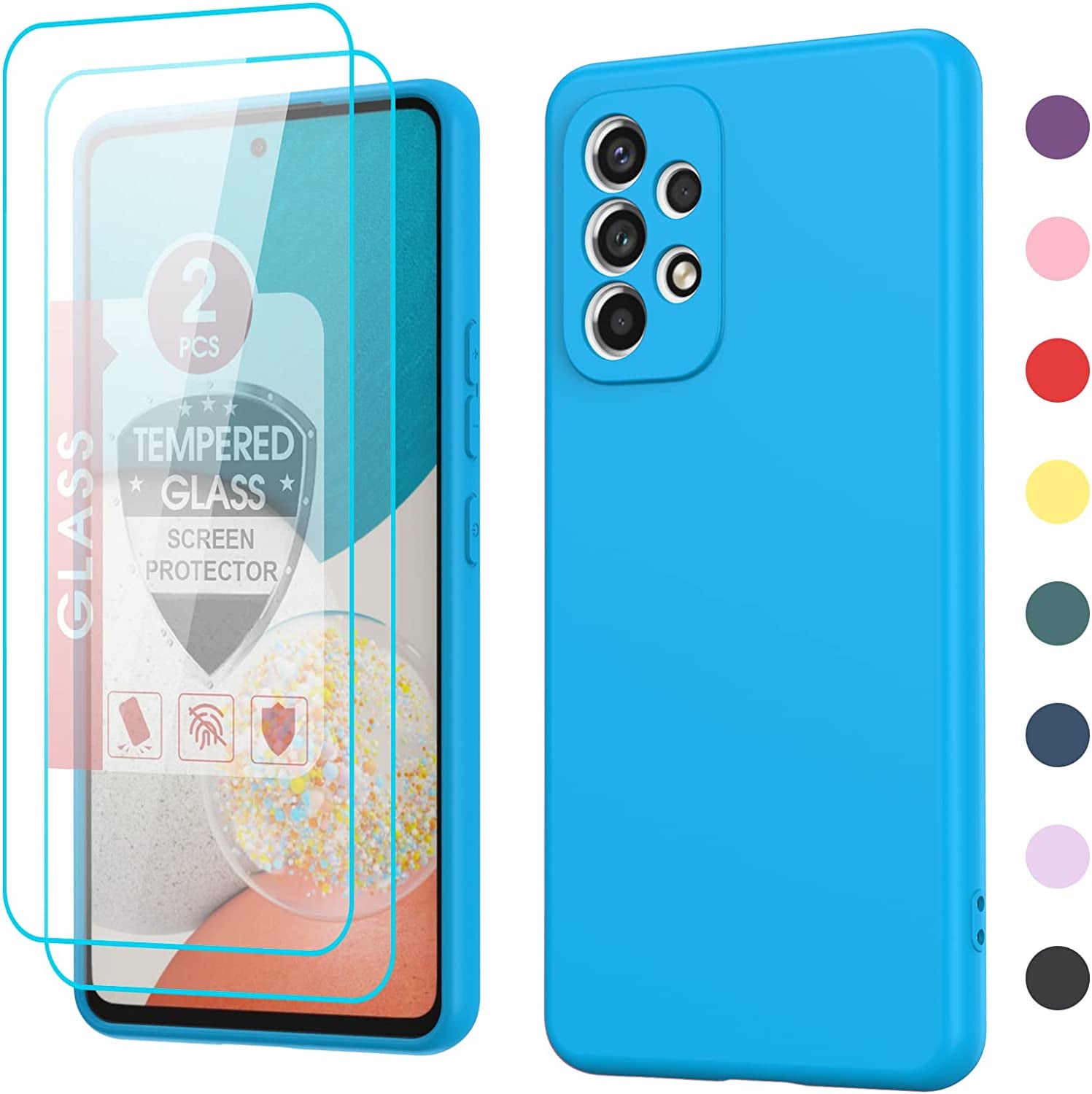 Leyi for Galaxy A53 Case, Case for Galaxy A53 5G with [2 Pack] Tempered Glass Screen Protector, Liquid Silicone Soft Microfiber Liner Cover Phone Case Samsung A53 5G, Orange  LeYi Sky Blue  