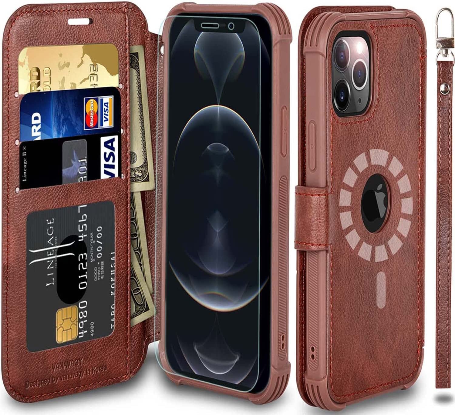 VANAVAGY Iphone 13 Pro Wallet Case Magsafe,Leather Flip Folio Phone Cover Supports Magsafe and Wireless Charging with RFID Block Card Holder and Wrist Strap,Rosegold  VANAVAGY Brown(Not for iPhone 13 Pro Max or iPhone 13)  