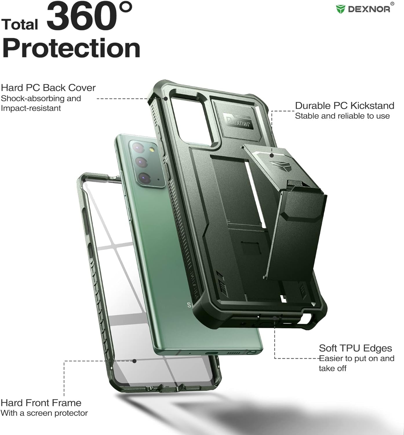 Dexnor for Samsung Galaxy Note 20 5G Case, [Built in Screen Protector and Kickstand] Heavy Duty Military Grade Protection Shockproof Protective Cover for Samsung Galaxy Note 20,Army Green  Dexnor   