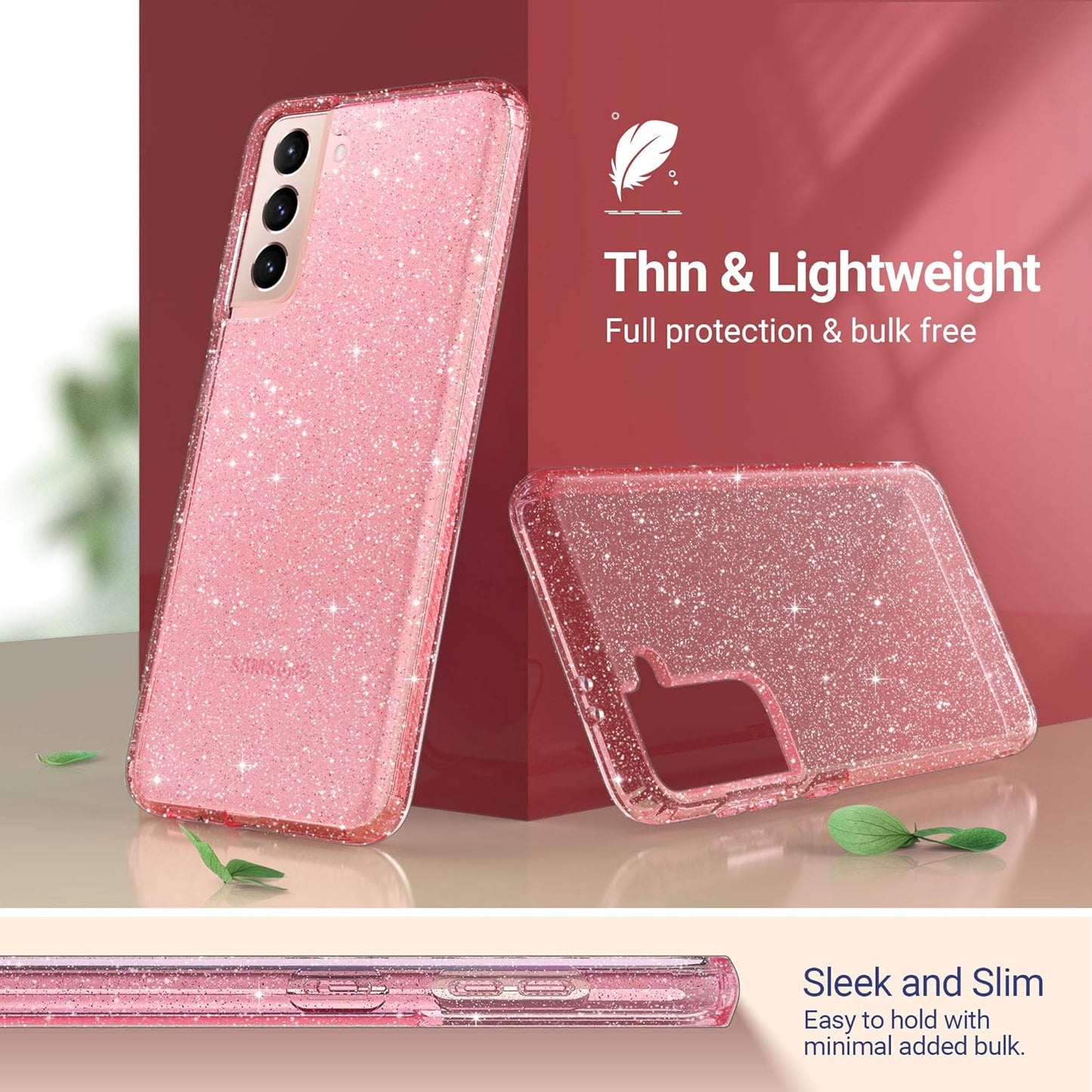 ULAK Galaxy S21 Case, Clear Glitter Case Sparkly Soft TPU Bumper Bling Cover for Women Girls Transparent Protective Phone Case for Samsung Galaxy S21 5G 6.2 Inches - Pink Glitter  ULAK   