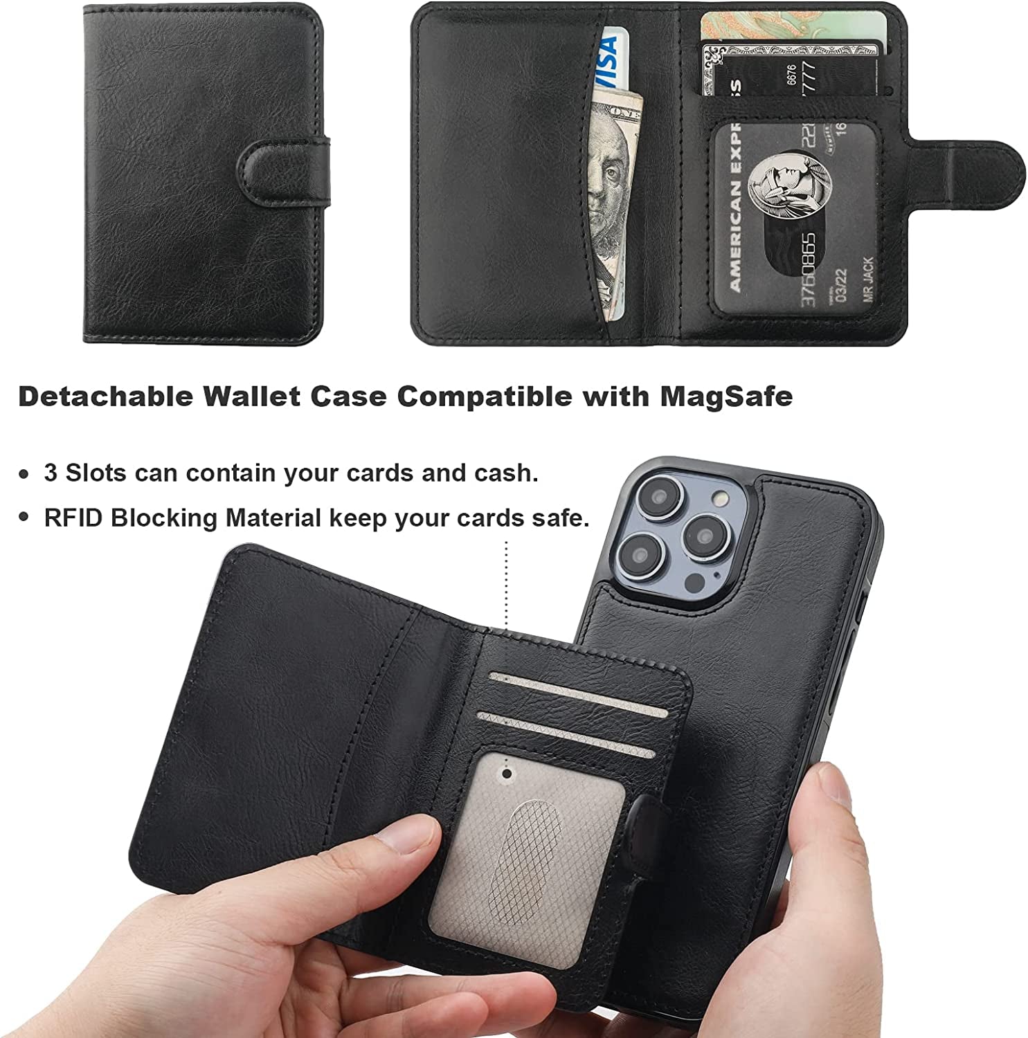 Bocasal Wallet Case for Iphone 14 Pro Compatible with Magsafe Magnetic RFID Blocking Detachable Premium PU Leather Flip Case with Card Slots Holder Kickstand Wireless Charging 6.1 Inch (Black)  Bocasal   
