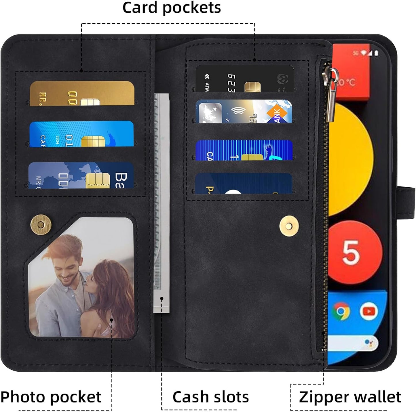 Asuwish Phone Case for Google Pixel 4A 5G 6.2 Wallet Cover with Screen Protector and Crossbody Wrist Strap Leather Flip Pattern Zipper Credit Card Holder Pixel4A5G UW Pixel4A 5G Pixle A4 G5 4A5G Black  Asuwish   