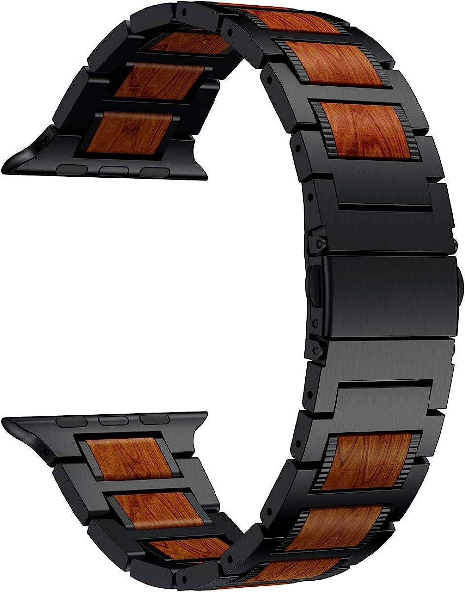 LDFAS Compatible for Apple Watch Band 45Mm 44Mm 42Mm, Natural Wood Red Sandalwood Stainless Steel Metal Strap for Iwatch Bands Compatible for Apple Watch SE, Apple Watch Series 7/6/5/4/3  LDFAS   