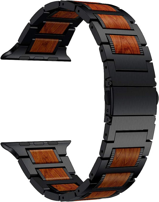 LDFAS Compatible for Apple Watch Band 45Mm 44Mm 42Mm, Natural Wood Red Sandalwood Stainless Steel Metal Strap for Iwatch Bands Compatible for Apple Watch SE, Apple Watch Series 7/6/5/4/3  LDFAS   